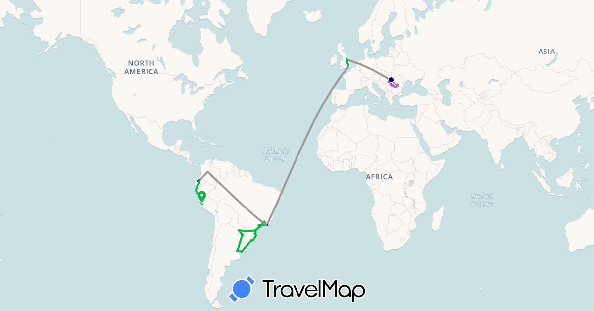 TravelMap itinerary: driving, bus, plane, cycling, train, boat in Argentina, Brazil, Colombia, Ecuador, United Kingdom, Peru, Paraguay, Romania, Uruguay (Europe, South America)